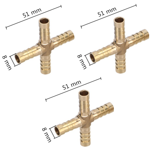 (3шт) 8мм Штуцер крестовой цельнометаллический неразъёмный латунный ёлочка (Х-образный) для трубок и шлангов 8мм, внешний диаметр штуцера ёлочка 8мм штуцер переходник латунный ёлочка 12мм