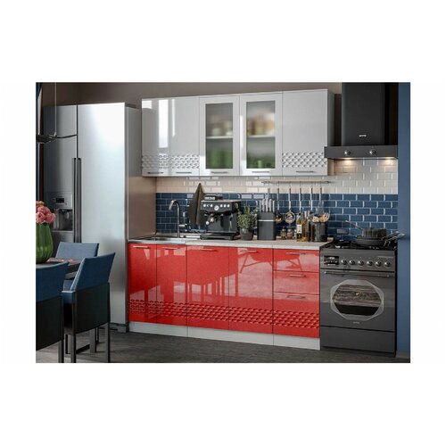 Кухня МДФ 1800 Волна (Белый глянец холодный/Красный металлик, Белый)