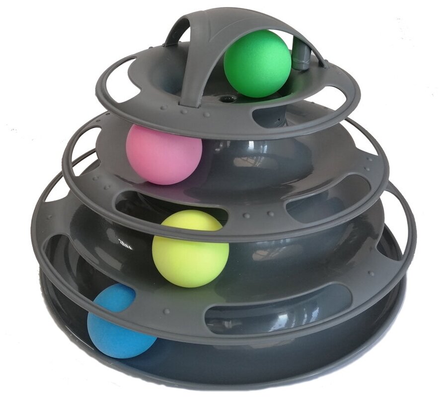Игрушка для кошек Трек-башня с мячиками "Чистый котик" 25х18 см, серая, пластик - фотография № 1