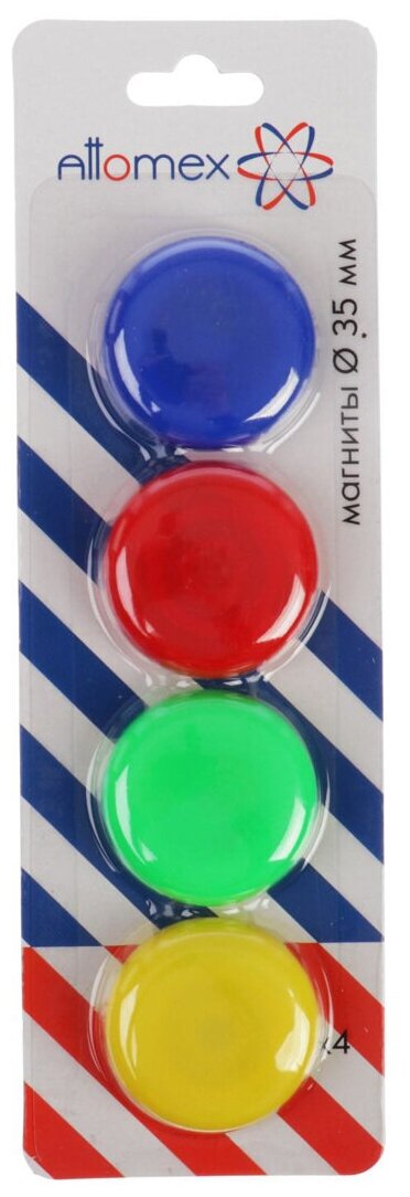 Магниты для досок Attomex 35 мм, 4 штуки, 4 цвета, в картонном блистере, микс./В упаковке шт: 3