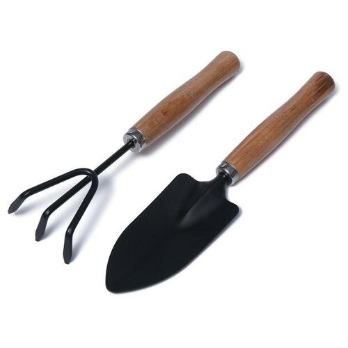 Набор садового инструмента, 2 предмета: рыхлитель, совок, длина 26 см, деревянные ручки./В упаковке шт: 1