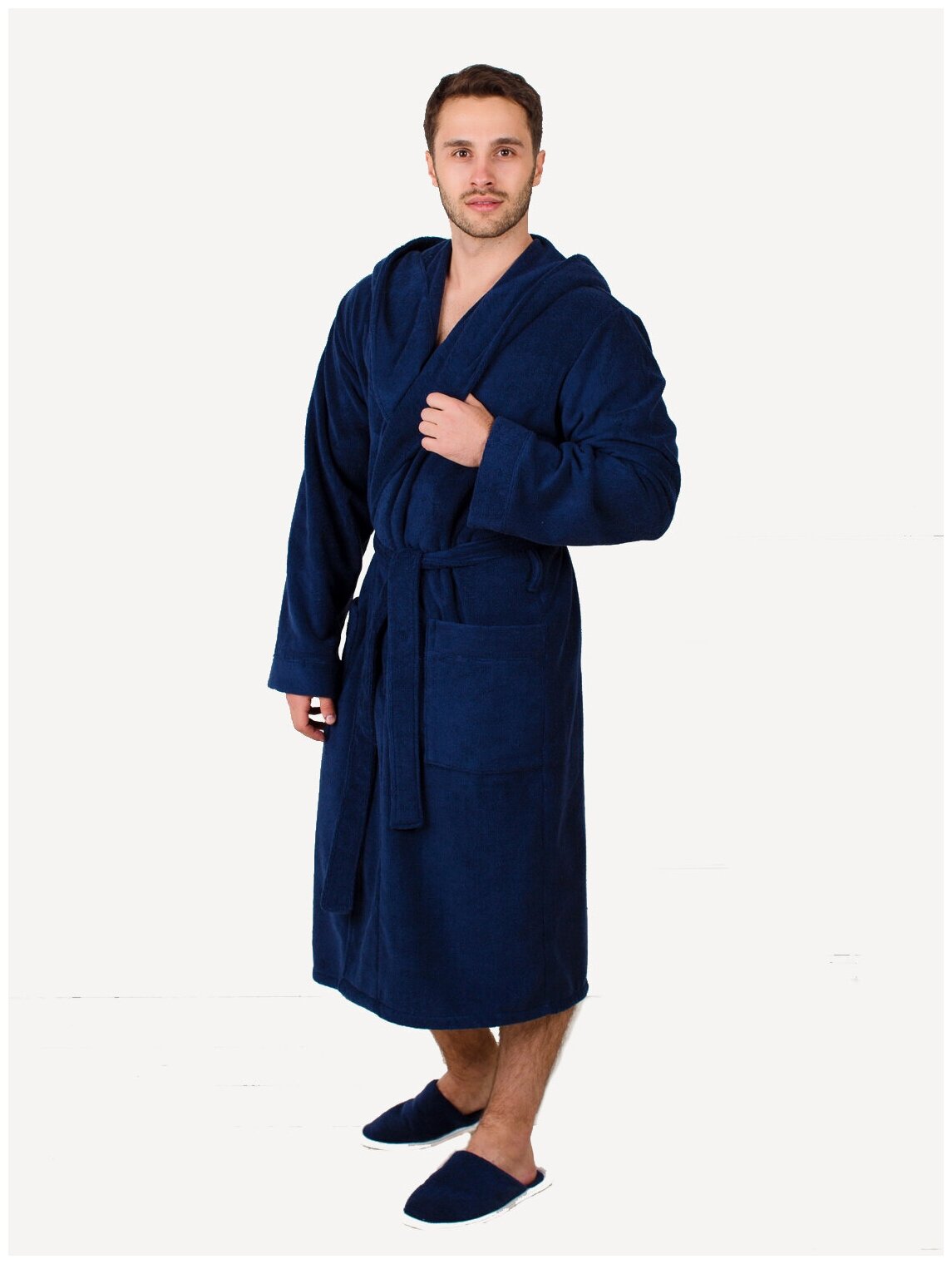 Мужской махровый халат с капюшоном, темно-синий - фотография № 6