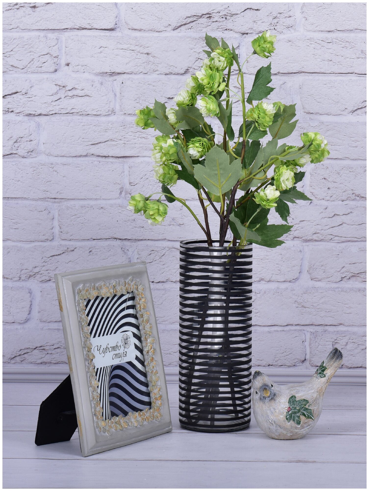 Интерьерная стеклянная ваза для цветов и сухоцветов, музыка ветра ваза, прозрачный с черным рисунком, цилиндр 25см