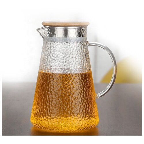 Кувшин-чайник из жаропрочного стекла с герметичной крышкой из бамбука для горячих и холодных напитков 1500мл