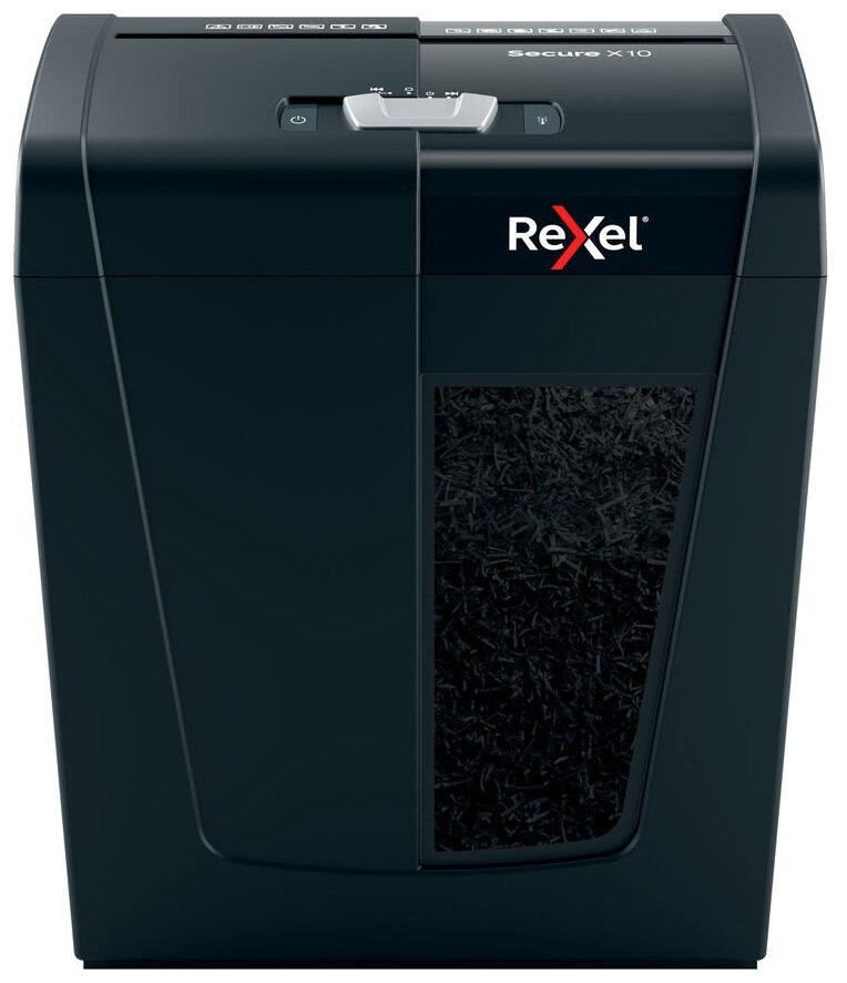 Шредер Rexel SECURE X10 EU черный (секр. P-4)/фрагменты/10лист./18лтр./скрепки/скобы