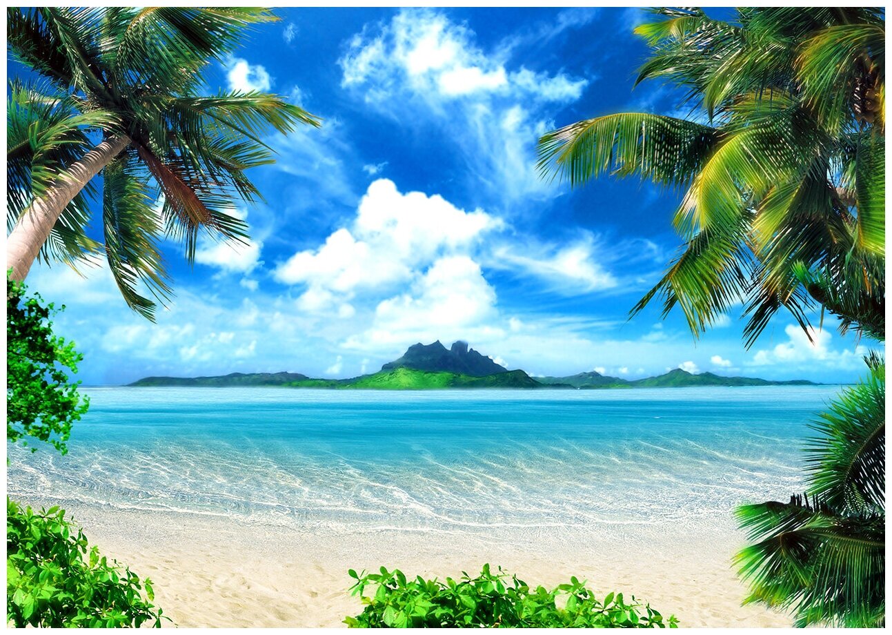 Фотообои Уютная стена "Тропический берег, пляж с пальмами" 380х270 см Виниловые Бесшовные (единым полотном)