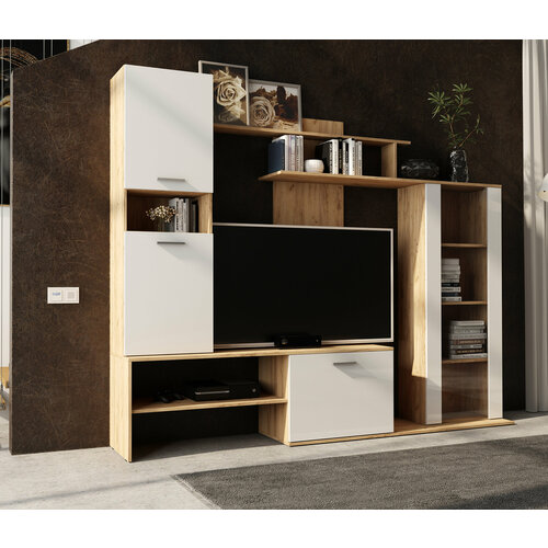 Стенка для гостиной столплит Данко ЛДСП Дуб вотан-Белый глянец 230х186х39 см 16302₽