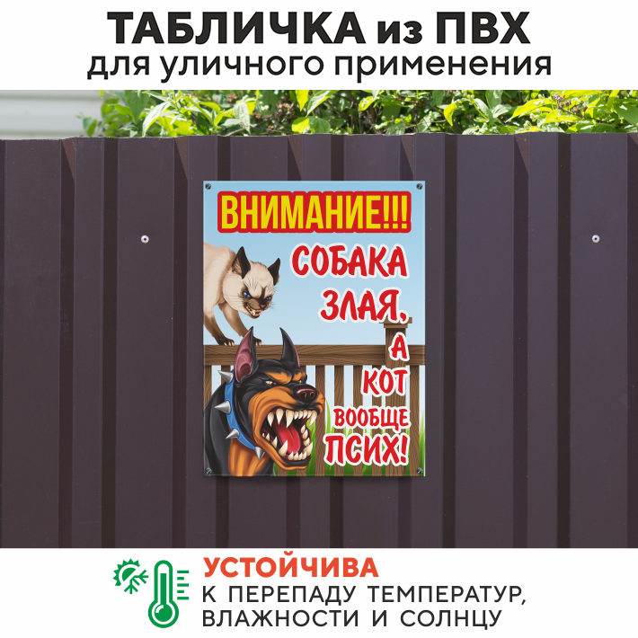 Табличка "Собака злая, кот вообще псих", 25х33 см, ПВХ — фото 1