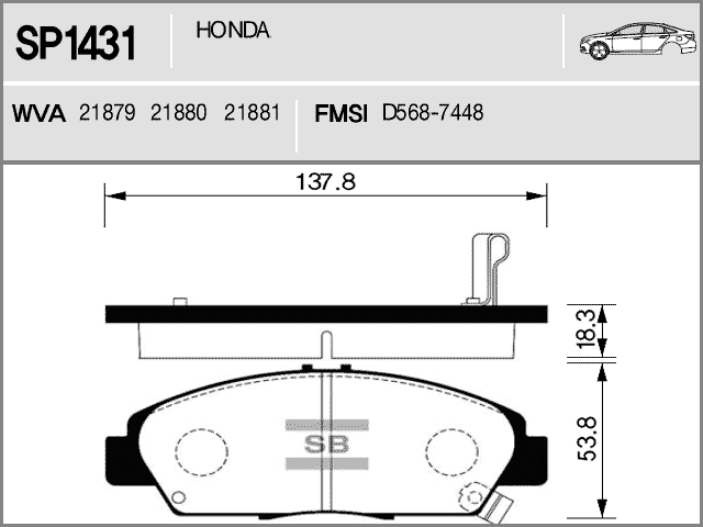 Колодки тормозные, передние HONDA ACCORD VII (CL_, CM_, CN_) (2002-2008)/ CIVIC IX (2012- )/ INTEGRA III (1993-2001) SP1431