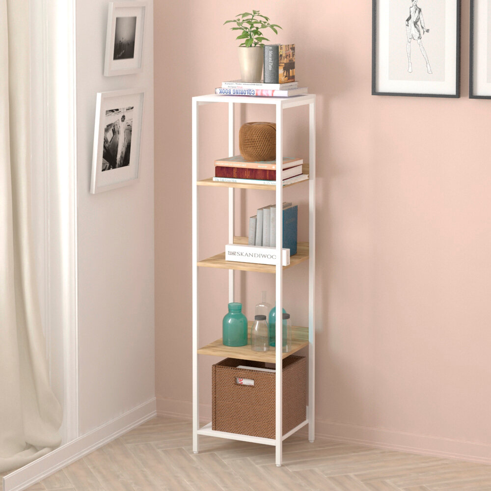 Стеллаж, этажерка, пенал, шкаф для книг металлический, деревянный напольный в скандинавском стиле SKANDIWOOD Chicago 39x35x145 см, коричневый/белый