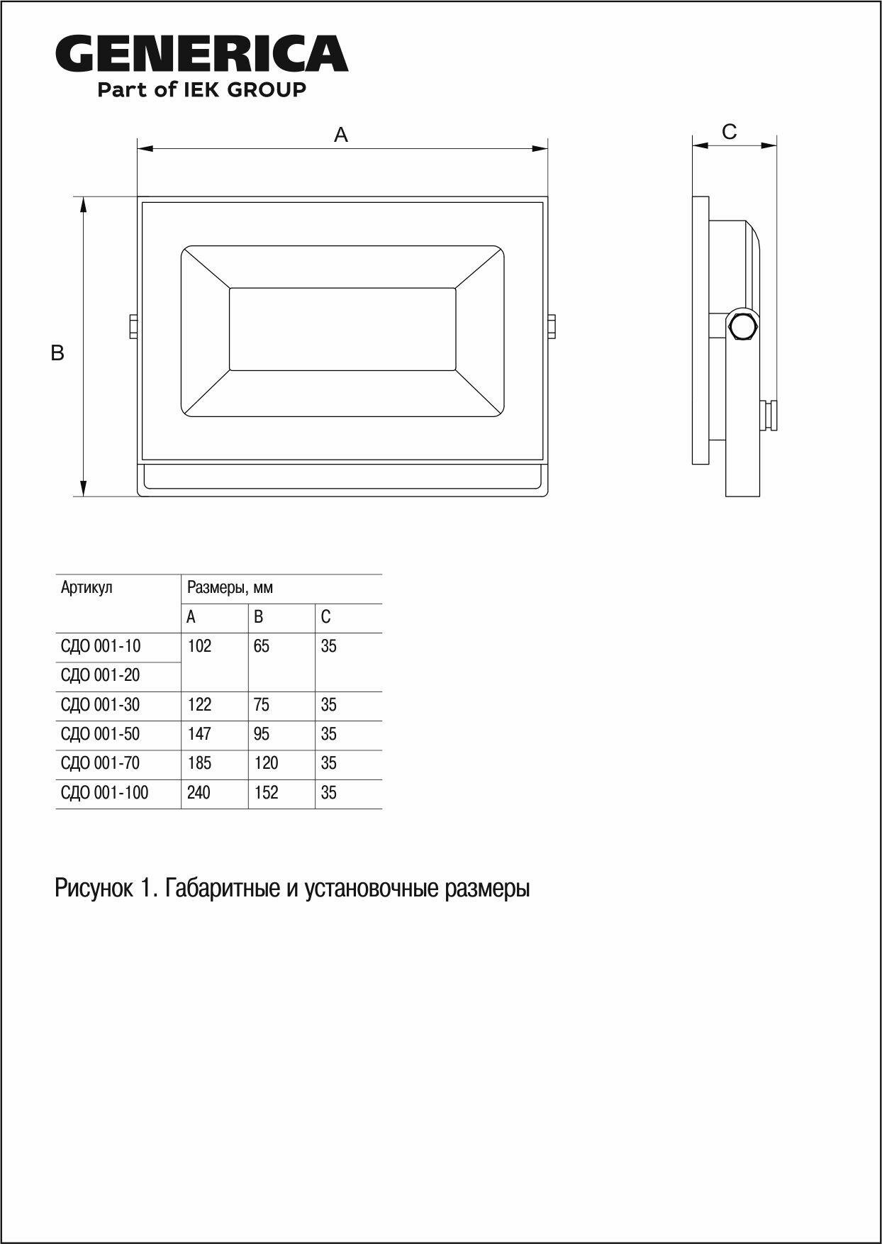 Прожектор светодиодный СДО 001-20 6500К IP65 черный GENERICA