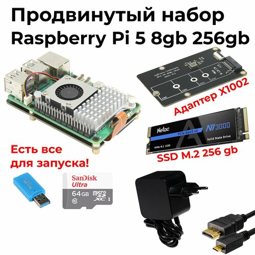 Продвинутый набор Raspberry Pi 5 8GB с ssd (nvme 2280) 256gb и x1002 набор комплект raspberry pi 5 8gb micro sd 64gb блок питания от rpi 27w металлический корпус микрокомпьютер расберри