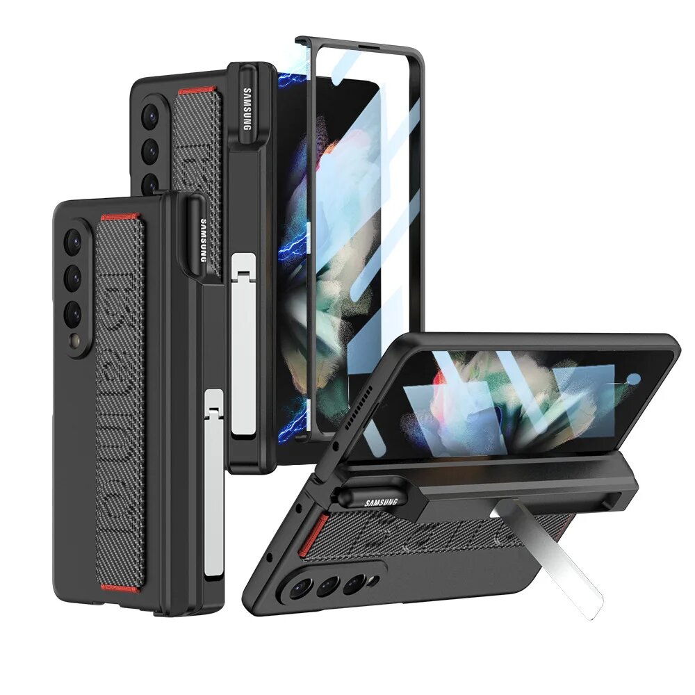 Кожаный эластичный чехол с наручным ремешком для Samsung Galaxy Z Fold 3, чехол с полным покрытием, противоударные Чехлы для Galaxy Z Fold3, Carbon fiber, Galaxy Z Fold3