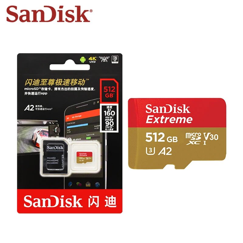 Карта памяти SanDisk Extreme V30 A2 microSDXC, 128 ГБ, 256 ГБ, 512 ГБ, класс 10, карта micro sd U3 4K, 32 ГБ, 64 ГБ, флеш-карта TF для UAV, 256GB — фото 1