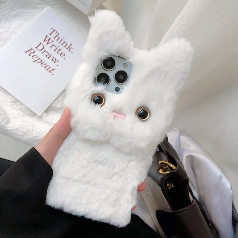 3D милый теплый меховой чехол с котом для Xiaomi 14T Mi Poco M7 Pro X7 Redmi Note 14 13 14C 13C A5 A4 A3X пушистый плюшевый мягкий чехол на заднюю панель, белый, For Redmi A5