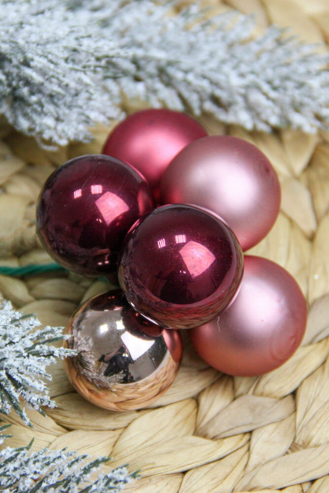 Гроздь стеклянных шаров на проволоке бабиоль, стекло, бургунди и розовый, 3 см, 6 шт, Koopman International ABR720040