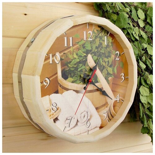Часы деревянные банные бочонок Банные штучки, деревянные часы настенные, цвет бежевый