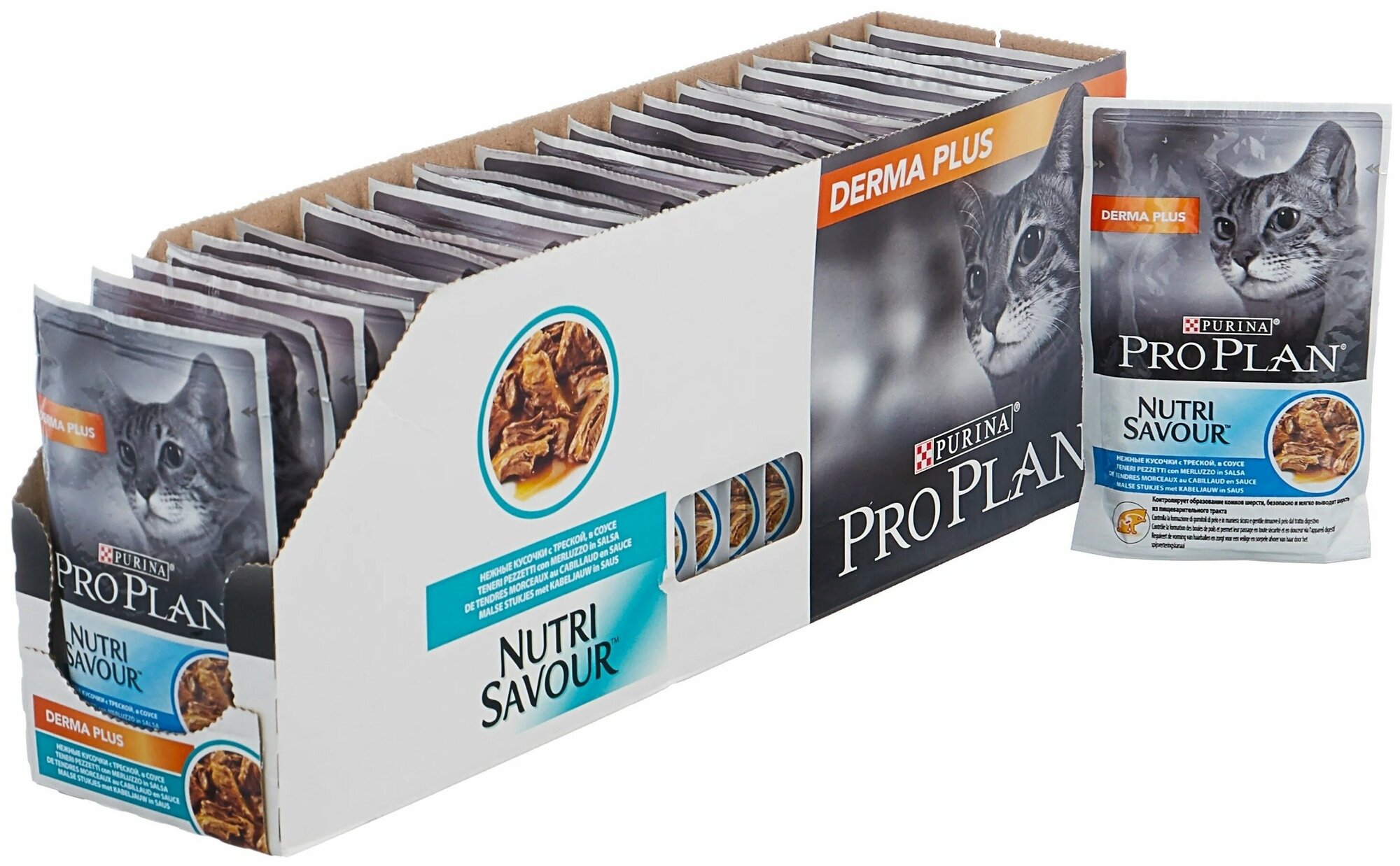 Pro Plan ® Nutri Savour влажный корм для взрослых кошек с чувствительной кожей, нежные кусочки с треской, в соусе, 85 г - фото №11