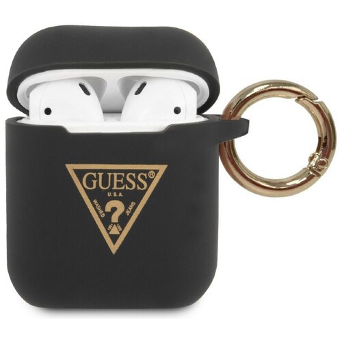 фото Чехол с карабином cg mobile guess silicone case triangle logo with ring для airpods 1&2, цвет черный (guaca2lstlbk)