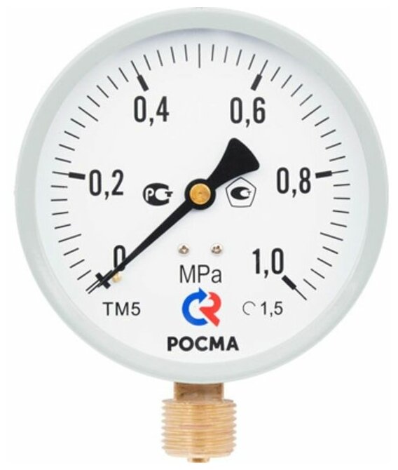 Манометр радиальный ТМ-510Р.00(0-16МРа) модель 2 D=100 G1/2" М2 пылевлагозащита: IP40 корпус сталь серый шкала алюминий черная на белом фоне кл. 15 РОСМА