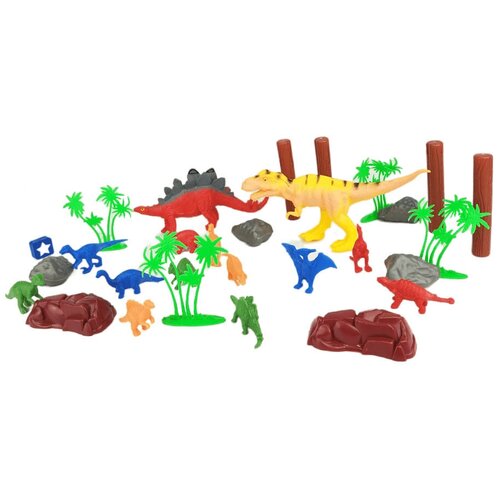 Фигурки динозавров 14 в 1 с аксессуарами (камни, кусты, бревна)