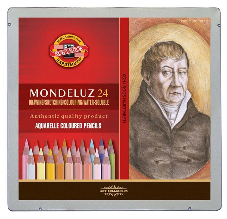 Карандаши акварельные 24 цвета Koh-I-Noor Mondeluz Portrait (L=175мм, D=7мм, d=3.8мм, 6гр) метал. пенал (3724024012PL)