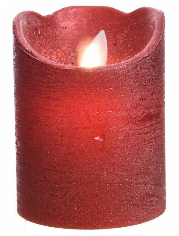 Светодиодная восковая свеча с глиттером, красная, тёплый белый LED-огонь колышущийся, 7.5x10 см, батарейки, таймер, Kaemingk (Lumineo)
