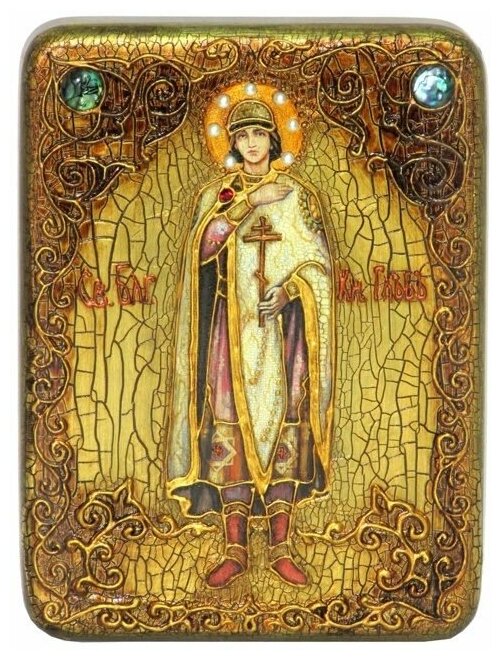 Подарочная икона Святой благоверный князь Глеб на мореном дубе 15*20см 999-RTI-284m
