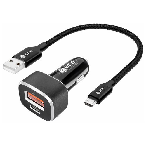 GCR Комплект автомобильное зарядное устройство на 2 USB порта QC3.0 + PD18W [TypeA + TypeC] + кабель 0.5m MicroUSB, черный