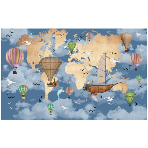 Фотообои Уютная стена Карта с голубым небом и воздушными шарами 430х270 см Бесшовные Премиум (единым полотном)