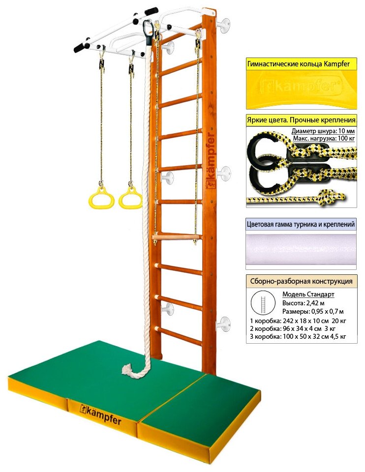 Шведская стенка Kampfer Helena Wall c матом №6, №3 Классический Стандарт белый турник c матом №6 зеленый/желтый