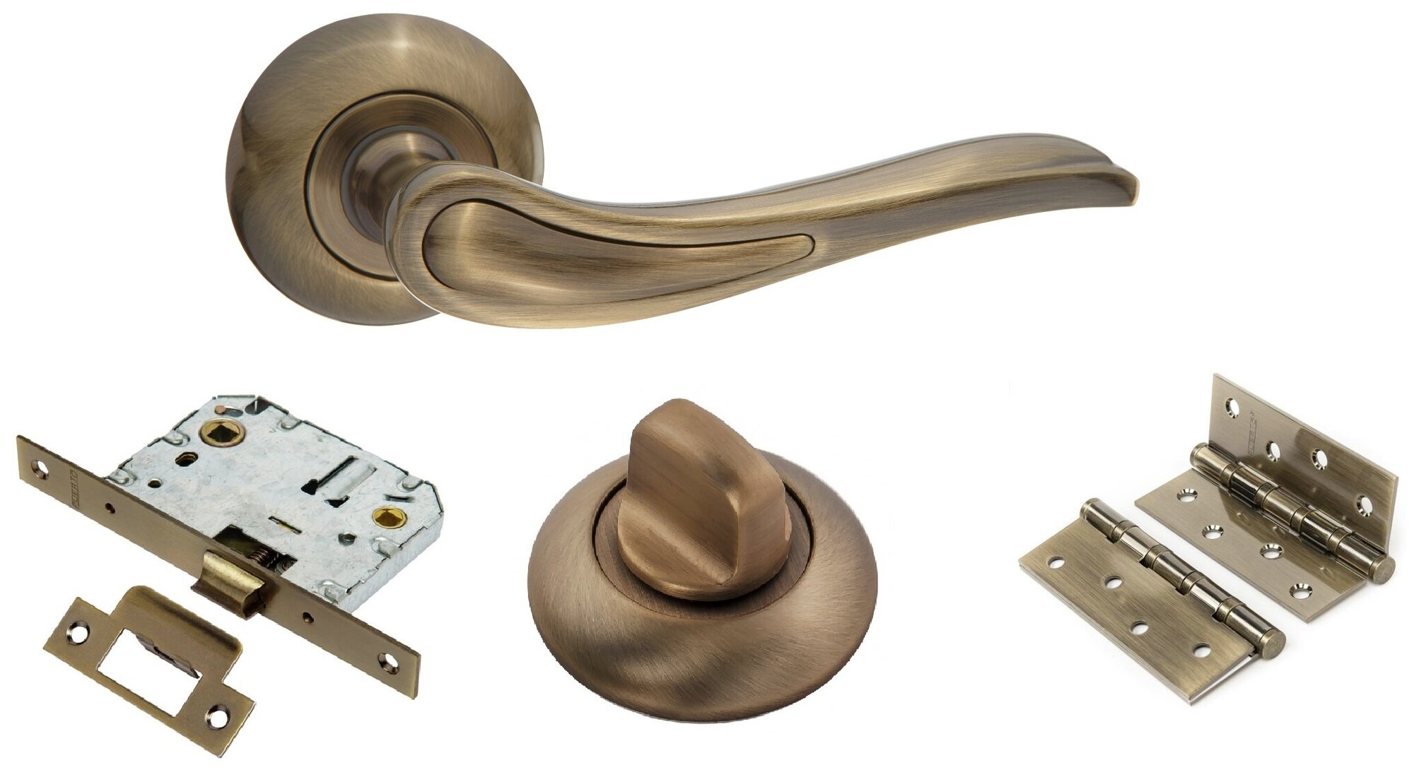 фото Ручка дверная в комплекте с защелкой, заверткой и петлями для санузловой двери Puerto 517-08 бронза