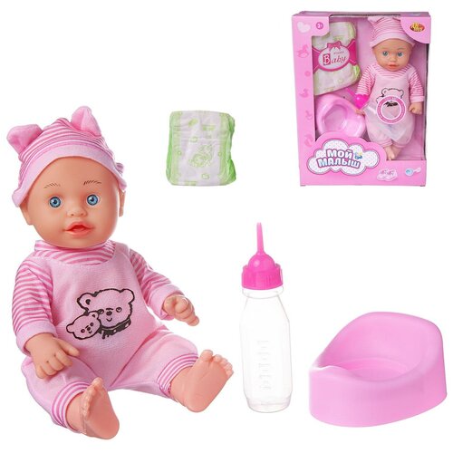 фото Кукла abtoys пупс "мой малыш" (розовый комбинезон", 35см, в наборе с аксессуарами, со звуковыми эффектами, в коробке