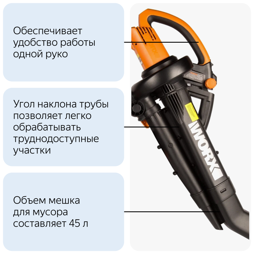 Воздуходув-Садовый Пылесос WORX WG505E, 3000Вт, 335 км/ч, 10м3/мин - фотография № 10