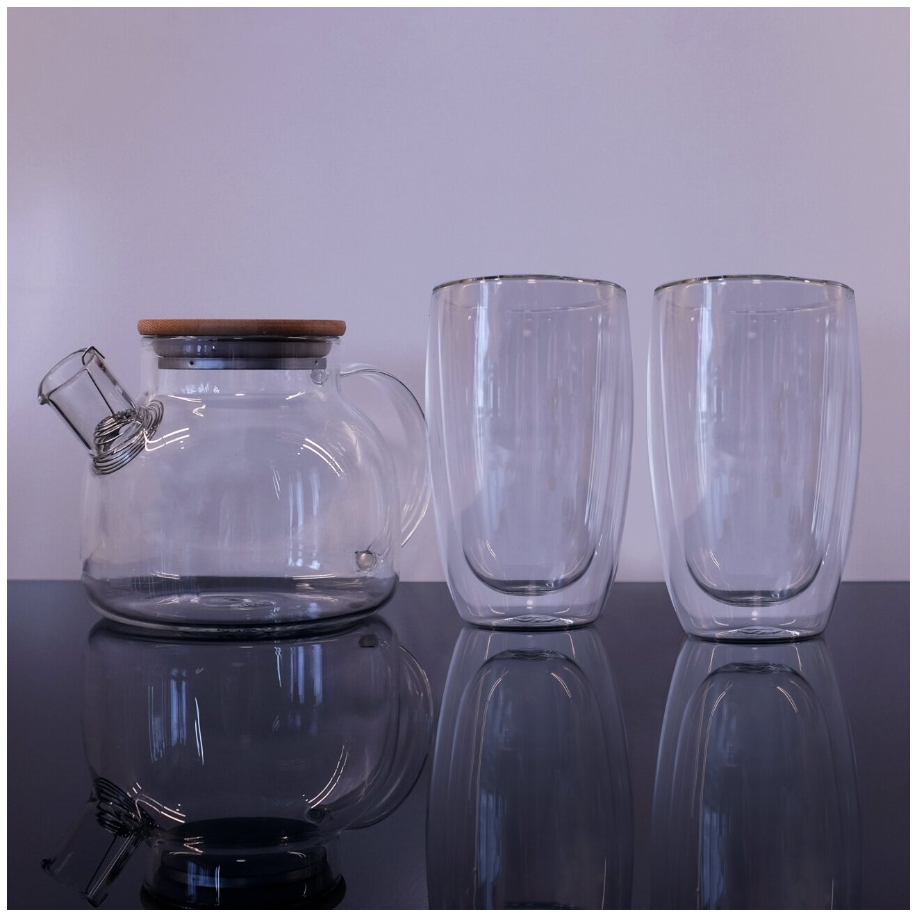 Набор чайный ЛiСТ (LIS51193) Чайник стеклянный заварочный 1000 мл, Стаканы с двойными стенками (термо стакан) 450мл -2 шт, 3 предмета, на 2 персоны