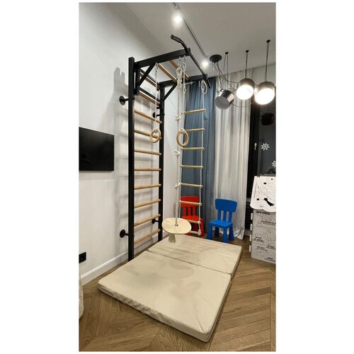 Шведская стенка для детей Woodream Baby, Берген черный 240 см, детский спортивный комплекс с навесным турником рукоходом, кольцами и лестницей