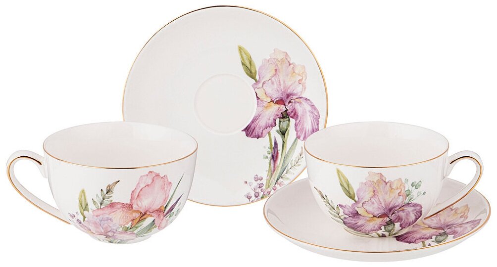 Чайный набор посуды на 2 персоны 280 мл Лефард Iris 4 предмета, 2 чашки и блюдца, подарочный белый фарфор Lefard