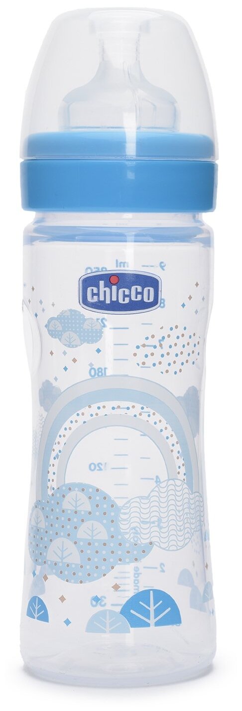 Chicco Бутылочка с соской из силикона Well-Being, средний поток, 250 мл boy/girl, с 2 месяцев, голубой