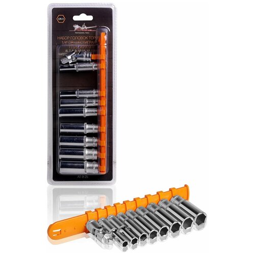 фото Набор головок торцевых 1/4" dr шестигранных глубоких 9пр. (6,7,8,9,10,11,12,13мм, карданный шарнир) airline