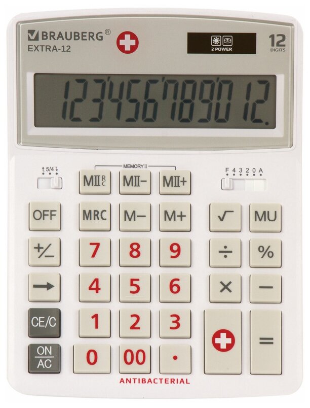 Калькулятор настольный BRAUBERG EXTRA-12-WAB (206x155мм), 12 разрядов, антибактериал, белый, 250490