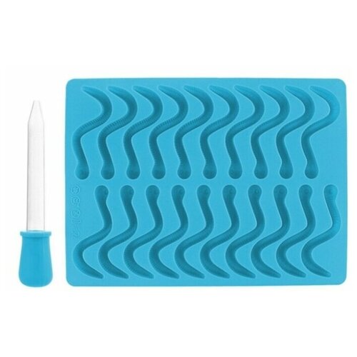 Силиконовая форма для льда, конфет желе Червяк, голубой, пипетка в комплекте, 24,5х18х1 см