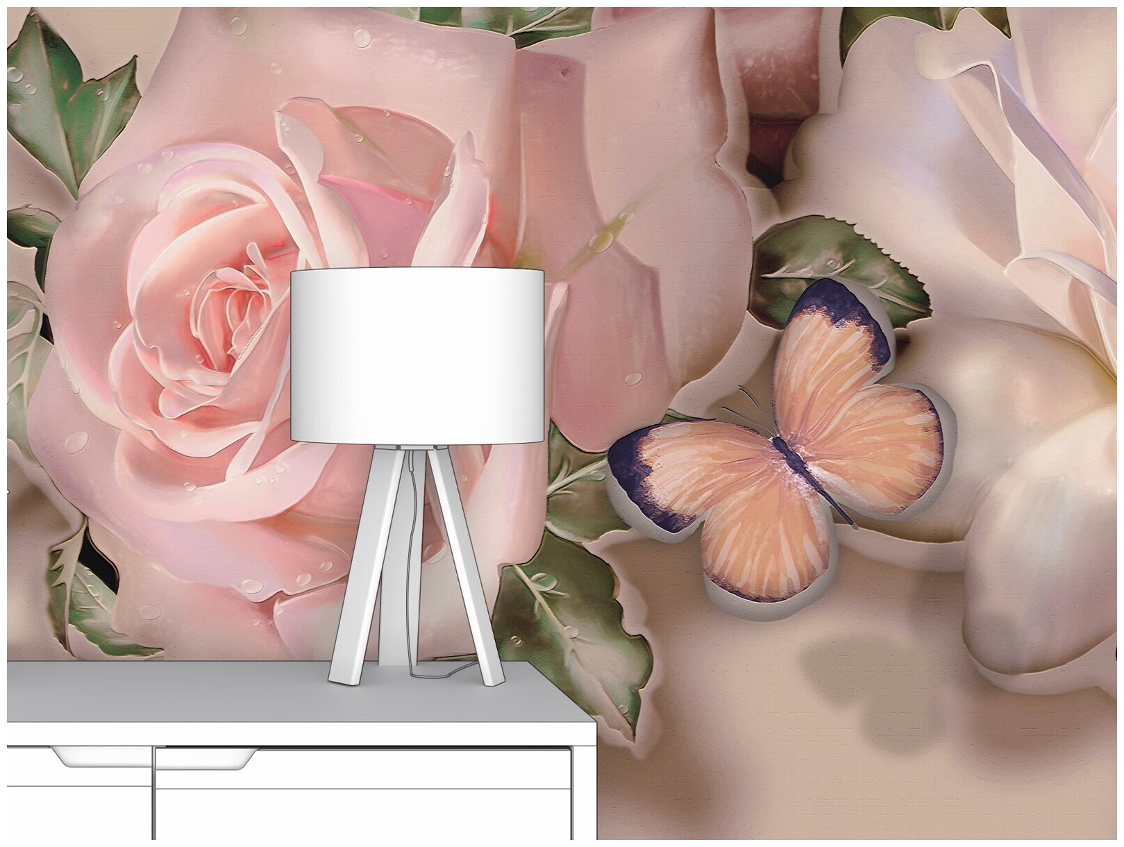 Фотообои на стену первое ателье "Три розовые розы с бабочкой" 200х130 см (ШхВ), флизелиновые Premium - фотография № 2