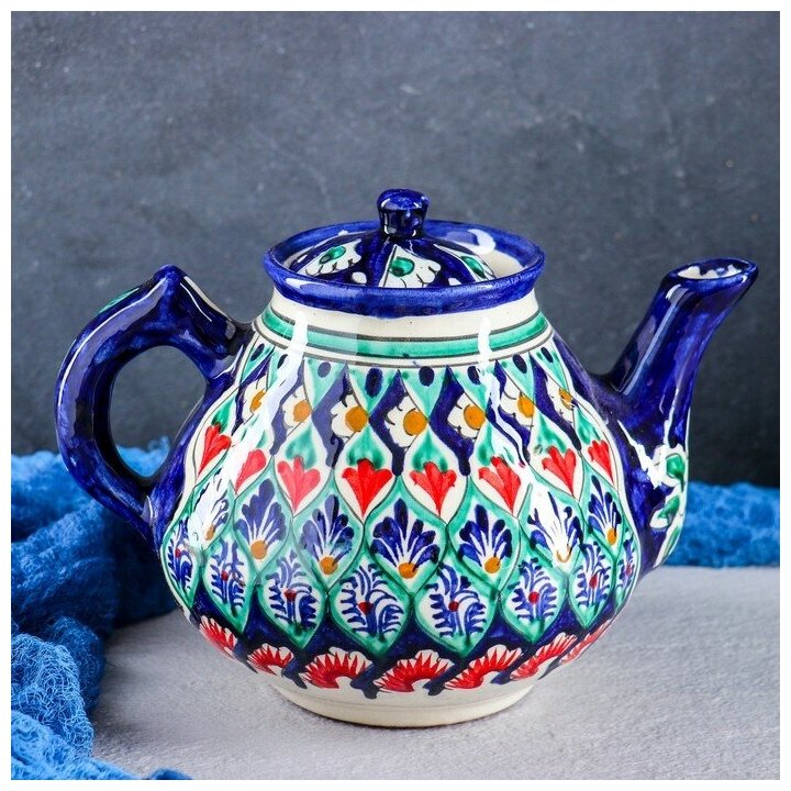 фото Чайник Риштанская Керамика "Узоры", 1600 мл, синий микс