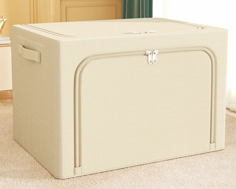 фото Тканевый кофр для хранения вещей 66 литров, с жестким дном и металлическим каркасом бежевого цвета