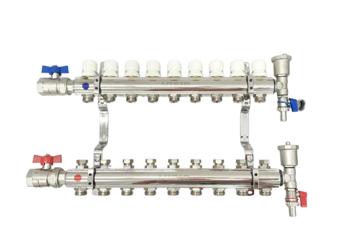 Коллекторная группа ViEiR VR114-09 из латуни 1"x3/4" на 9 выходов с кранами