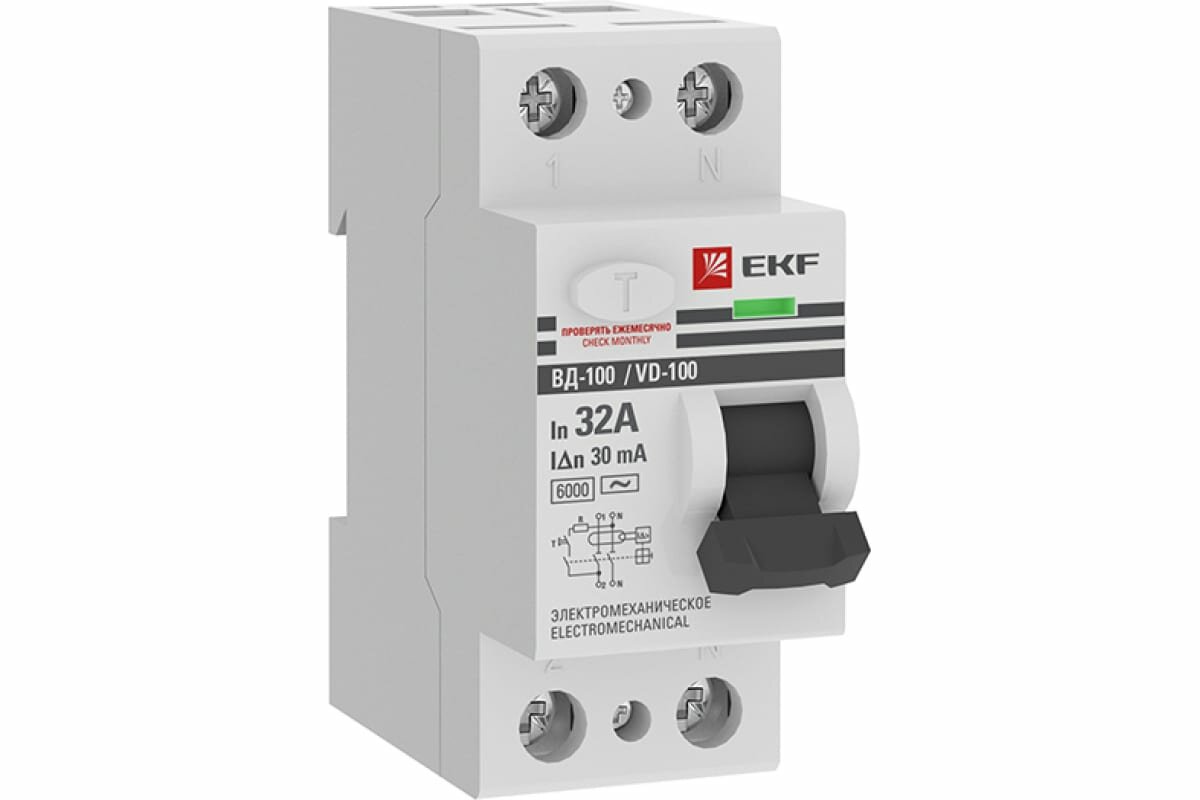 фото УЗО EKF (elcb-2-6-32-30-em-pro) 32А 30 мА 2P тип АС 6 кА