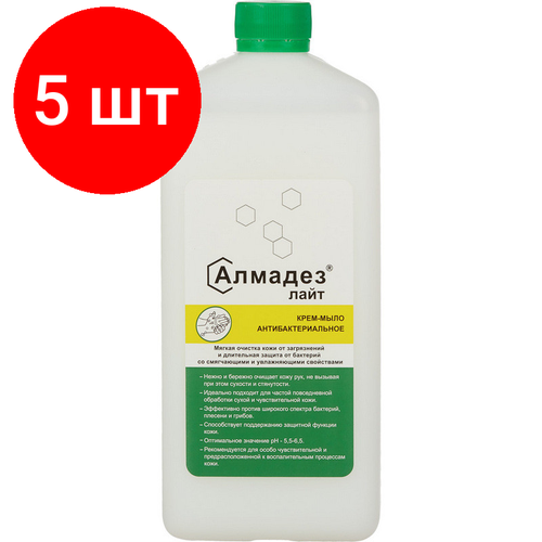 Комплект 5 штук, Мыло жидкое дезинф. Алмадез-Лайт антибактериальное 1.0 л(с дозатором) комплект 3 штук мыло жидкое дезинф алмадез лайт антибактериальное 0 5 л с дозатором