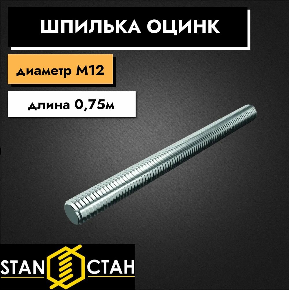 Шпилька оцинкованная М12, длина 750 мм, резьбовая 1шт