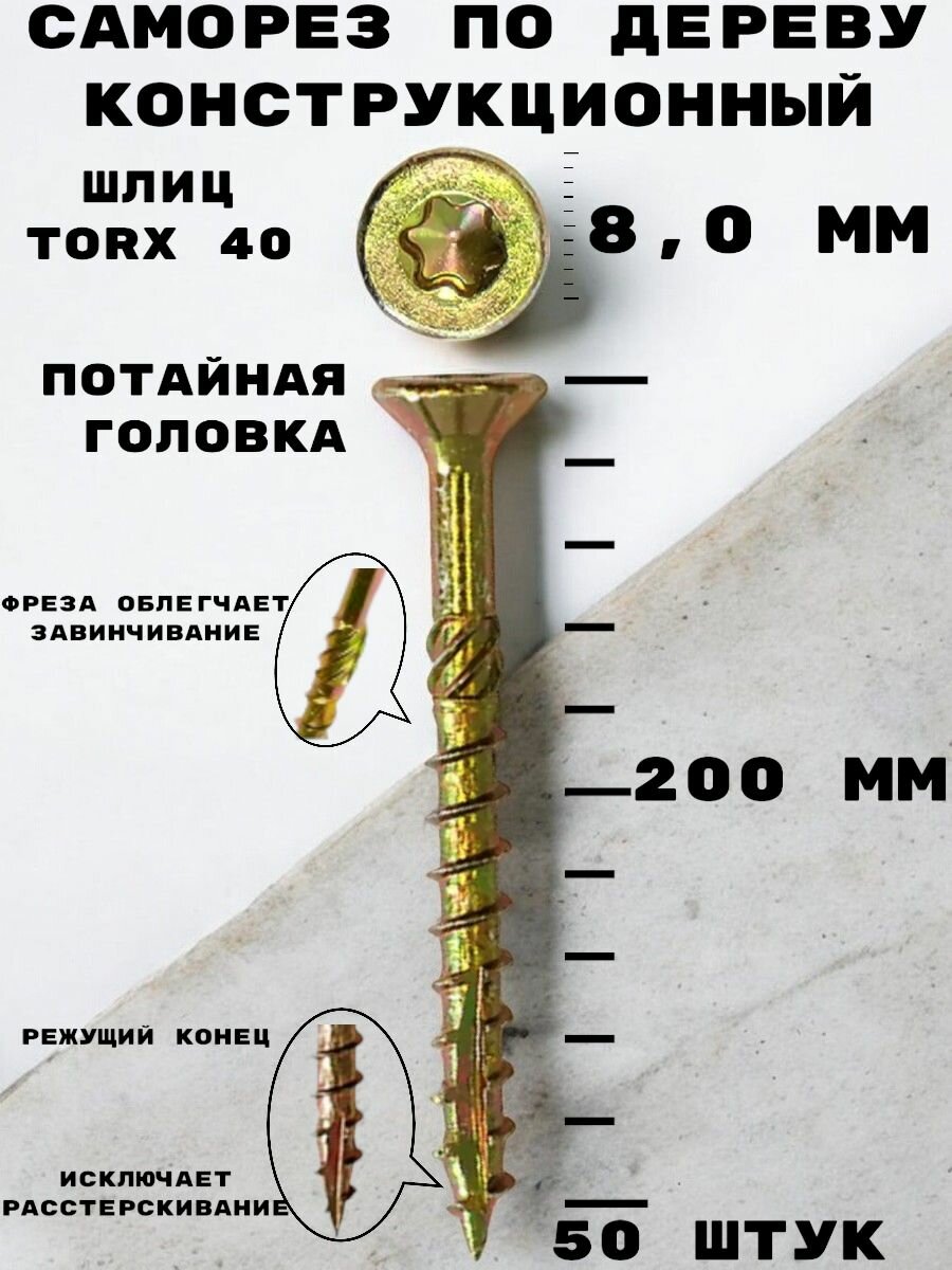 Саморез HIMTEXfix конструкционный отделочный по дереву, с потайной головкой 8,0*200/100 мм, TORX 40, сталь, 50 шт.
