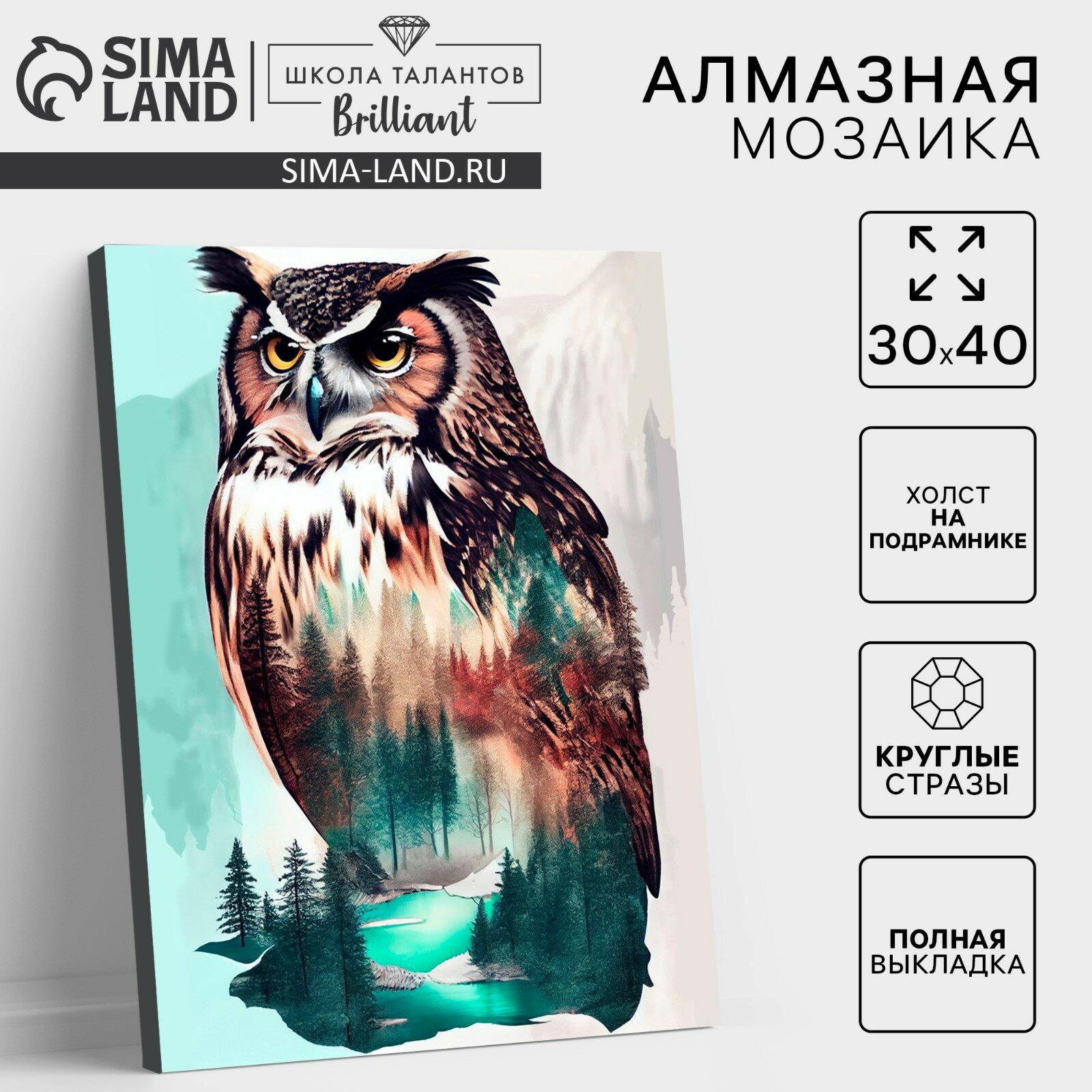 Алмазная мозаика с полным заполнением на холсте с подрамником «Филин» 30 х 40 см